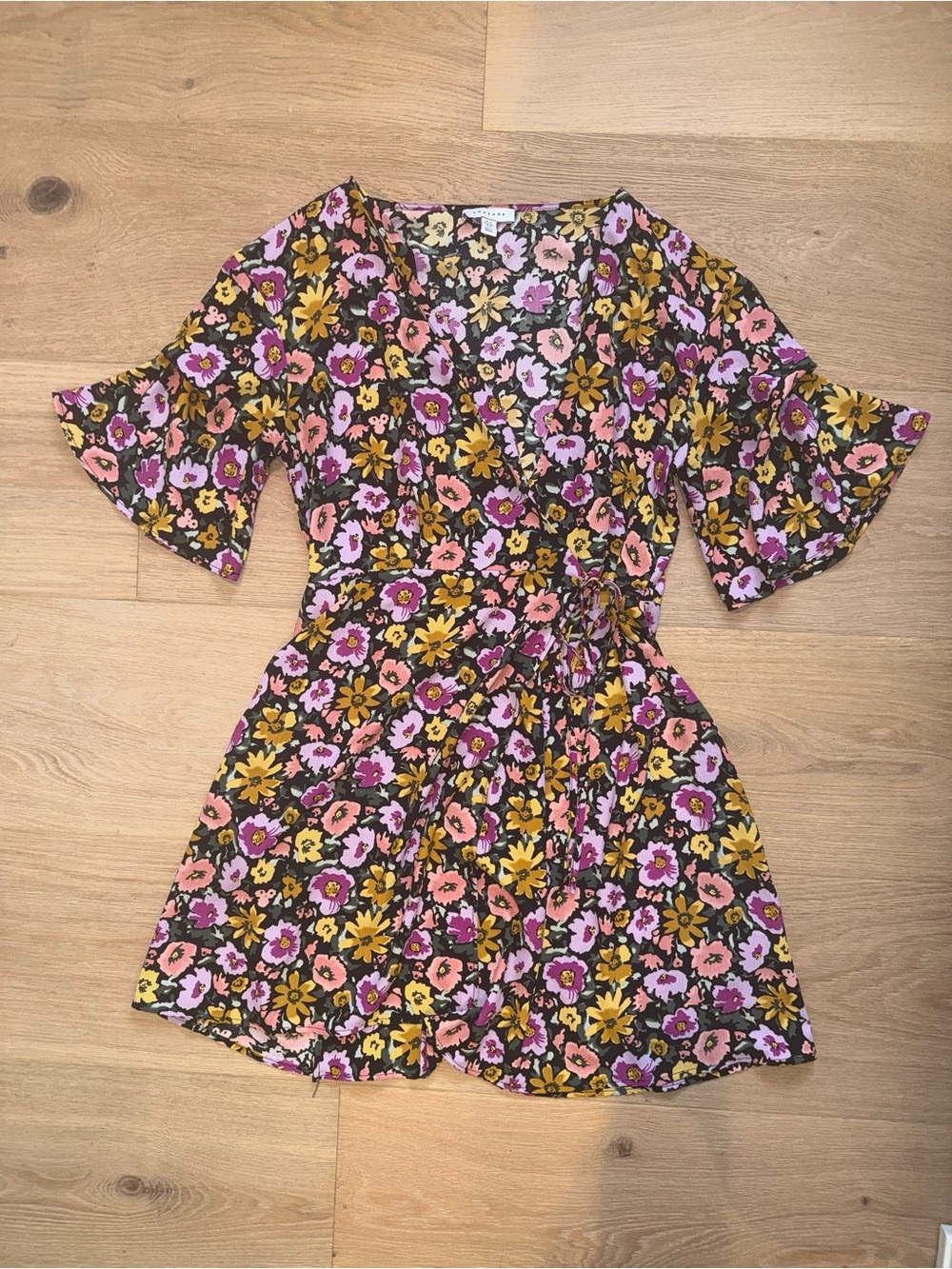 TOPSHOP Floral Wrap bell sleeve Dress in Pink, Yellow & Black